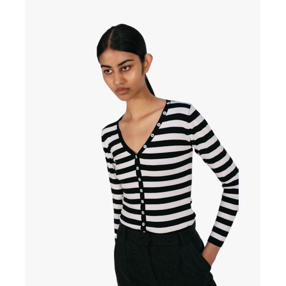 WOMEN'S MUSIER PARIS BLACK WHITE STRIPE MIRO CARDIGAN SWEATER V NECK 42 M